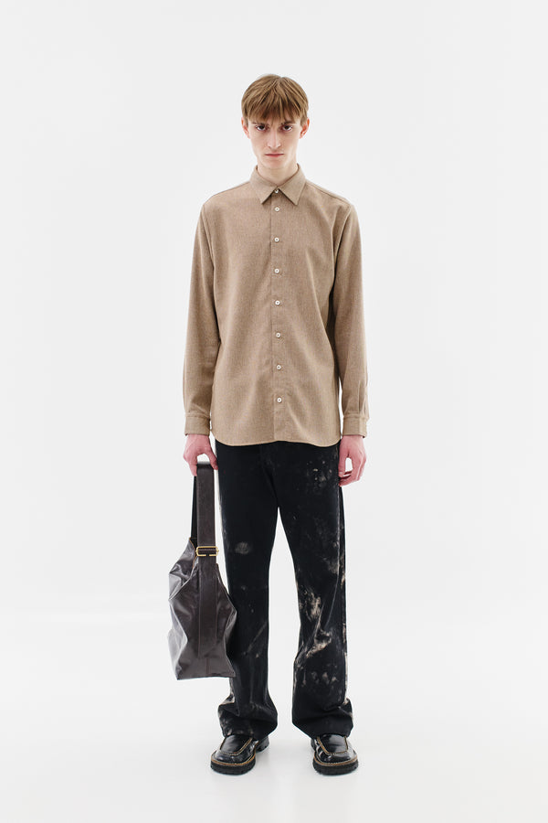 Shirt Classic Virgin Wool Cotton Blend Herringbone, Beige