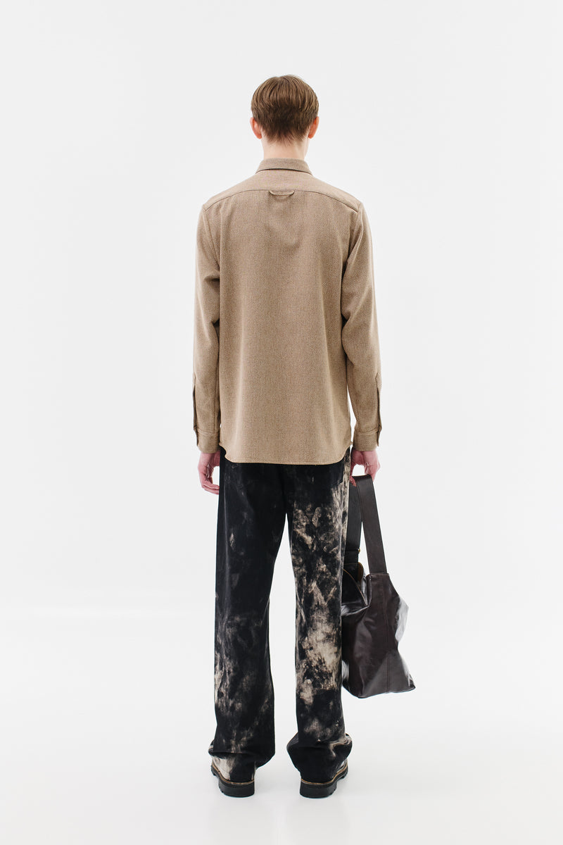 Shirt Classic Virgin Wool Cotton Blend Herringbone, Beige