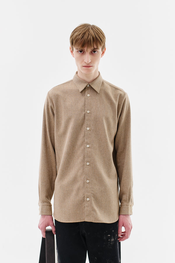 Shirt Classic Virgin Wool Cotton Blend Herringbone, Beige