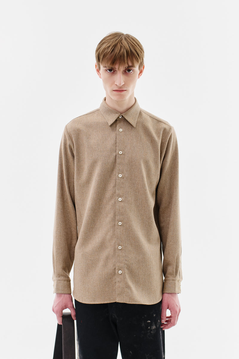 Shirt Classic Virgin Wool Cotton Blend Herringbone, Beige
