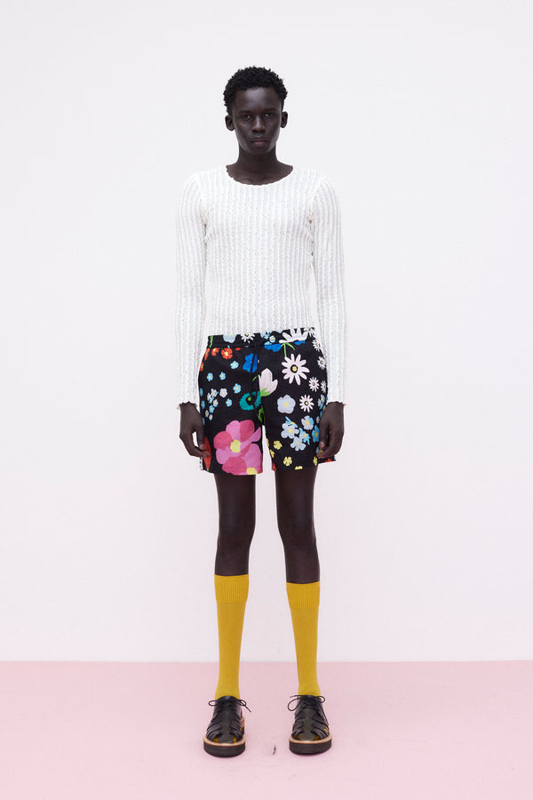 Shorts Cotton Floral, Black Multi-Color