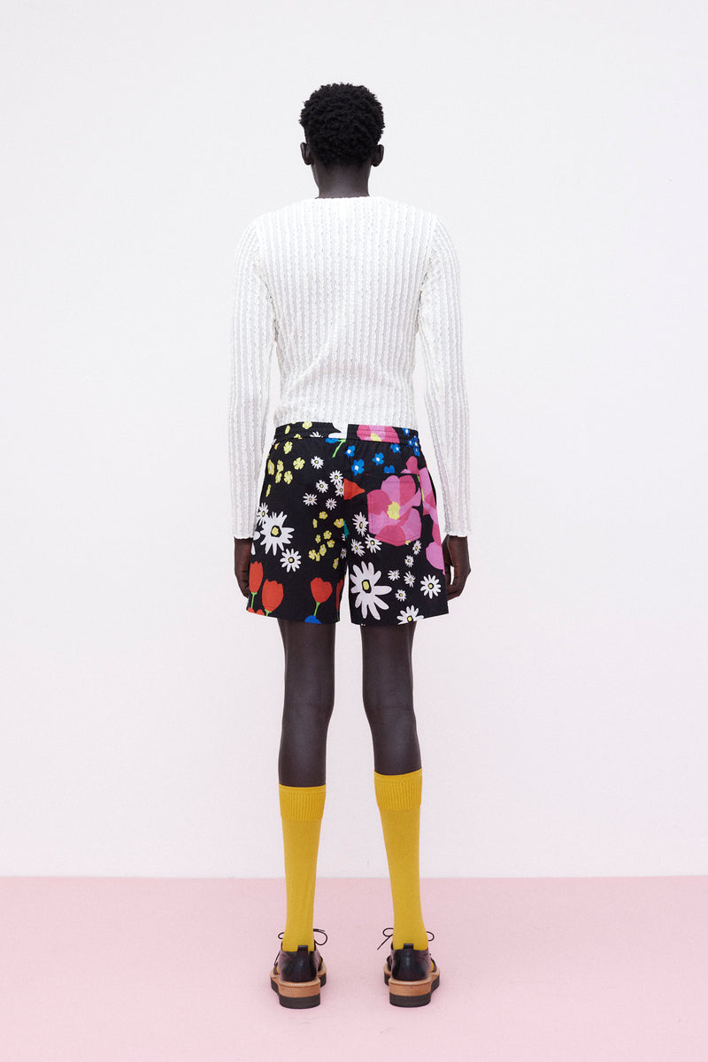 Shorts Cotton Floral, Black Multi-Color