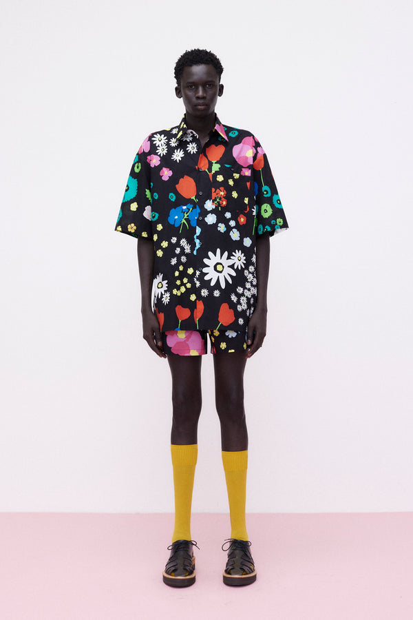 Short Sleeve Shirt Cotton, Black Floral
