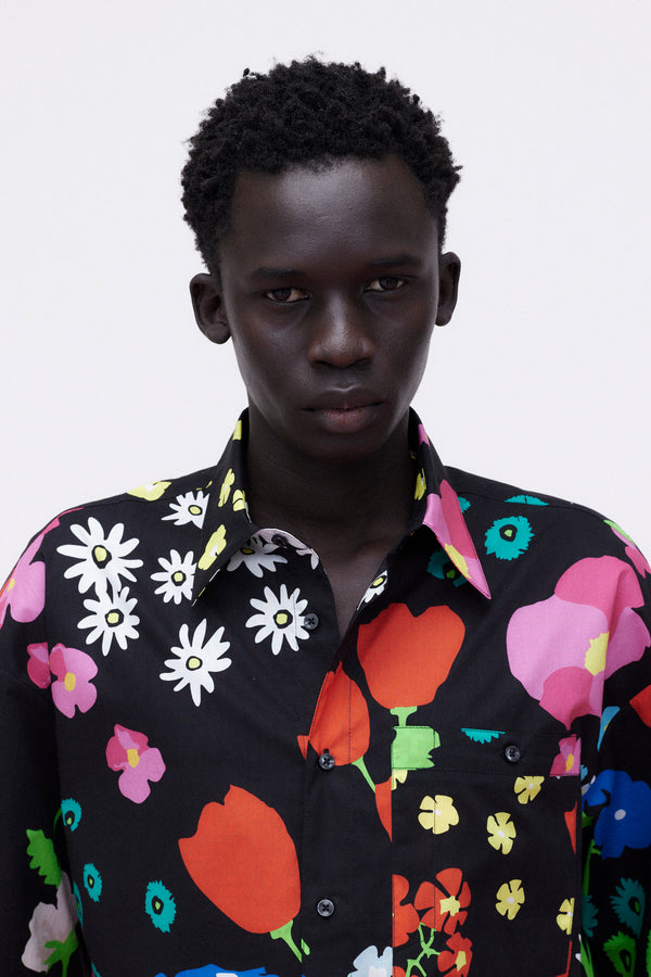 Short Sleeve Shirt Cotton, Black Floral