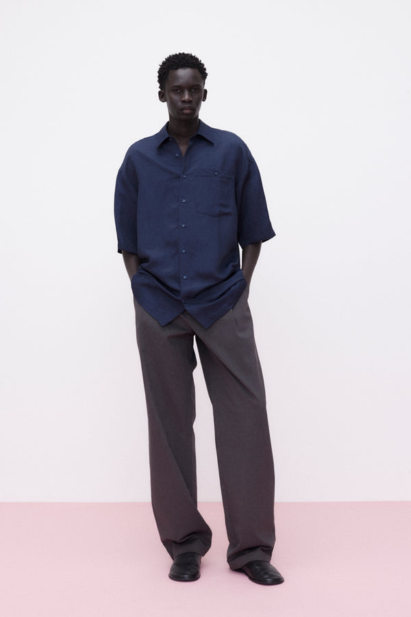 Short Sleeve Shirt Rayon Linen Blend, Navy