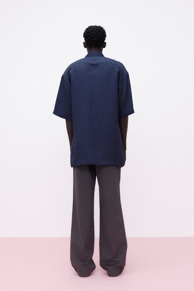 Short Sleeve Shirt Rayon Linen Blend, Navy