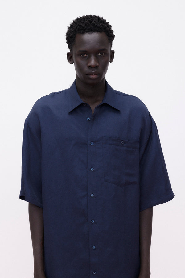 Short Sleeve Shirt Rayon Linen Blend, Navy