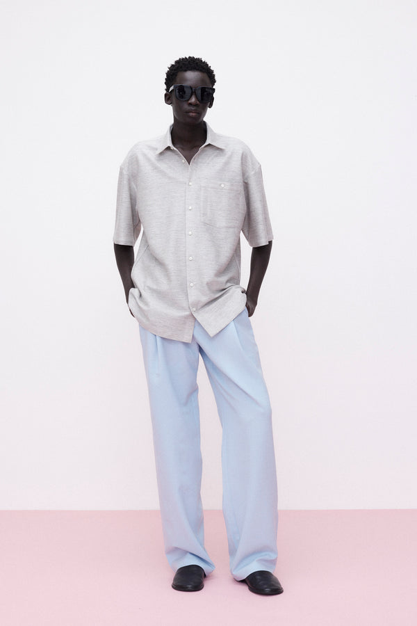 Short Sleeve Shirt Knitted Linen Blend, Light-Grey