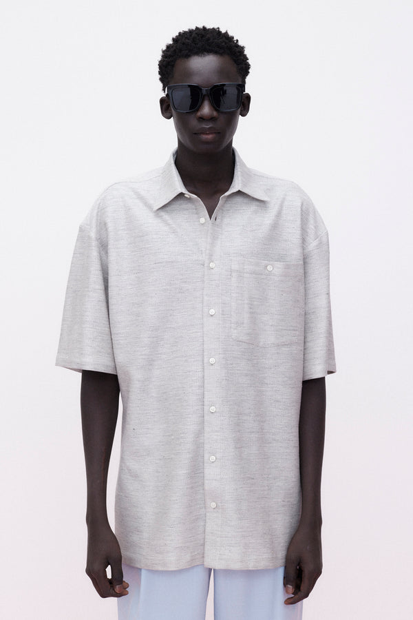 Short Sleeve Shirt Knitted Linen Blend, Light-Grey